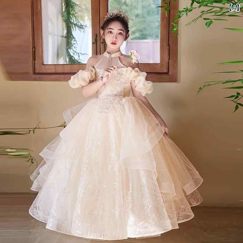 パーティードレス 女の子 フラワーガール プリンセス シャンパン ホルターネック オフショルダー プリーツ加工 高級感 ポリエステル混紡 オールシーズン かわいい 軽やか 子供用 礼服スカート