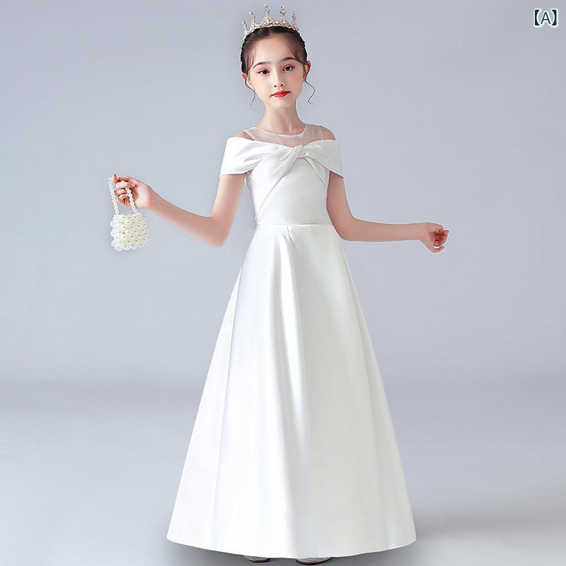 ワンピース 女の子 プリンセスドレス 白 礼服 誕生日パーティー ピアノ演奏会用 オールシーズン ポリエステル プリーツ加工 コーティング加工 酵素洗い かわいい スタイリッシュ 子供服 ドレス ロングスカート 100cm 110cm 120cm 130