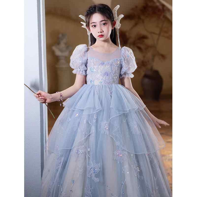 女の子 礼服 プリンセスドレス ブルー 誕生日 パーティー 司会者 ピアノ演奏 演出服 かわいい レース ポリエステル混紡 オールシーズン プリーツ コーティング シアー加工 酵素洗い 高級感 6,119円