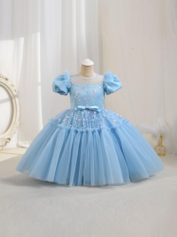 ドレス 女の子 プリンセス チュール リボン スパンコール レース ストライプ かわいい 誕生日 パーティー ポリエステル 綿 ライトパープル ピンク ライトブルー