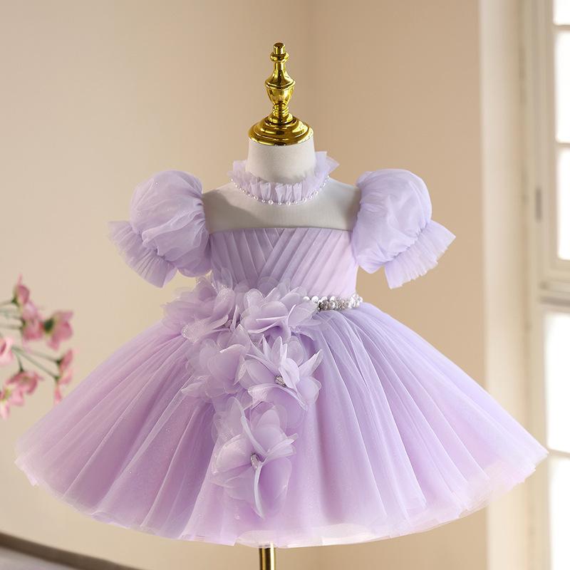 プリンセスドレス 女の子 パフスリーブ 紫 誕生日パーティー 1歳祝い ピアノ発表会 演奏会ドレス フォーマル かわいい オールシーズン ポリエステル プリーツ