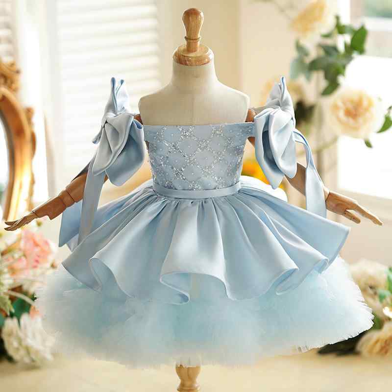 可愛い プリンセスドレス 女の子 キッズ 礼服 誕生日 パーティー ピアノ演奏 ステージ衣装 司会 1歳 ライトブルー ポリエステル プリーツ コーティング 酵素洗 オールシーズン