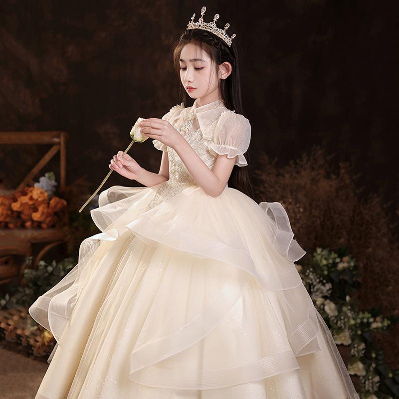 女の子 プリンセスドレス シャンパン パーティー 宴会 ステージ 衣装 子供 司会 ピアノ演奏 演出 礼服 ポリエステル 混紡 プリーツ コーティング かわいい オールシーズン