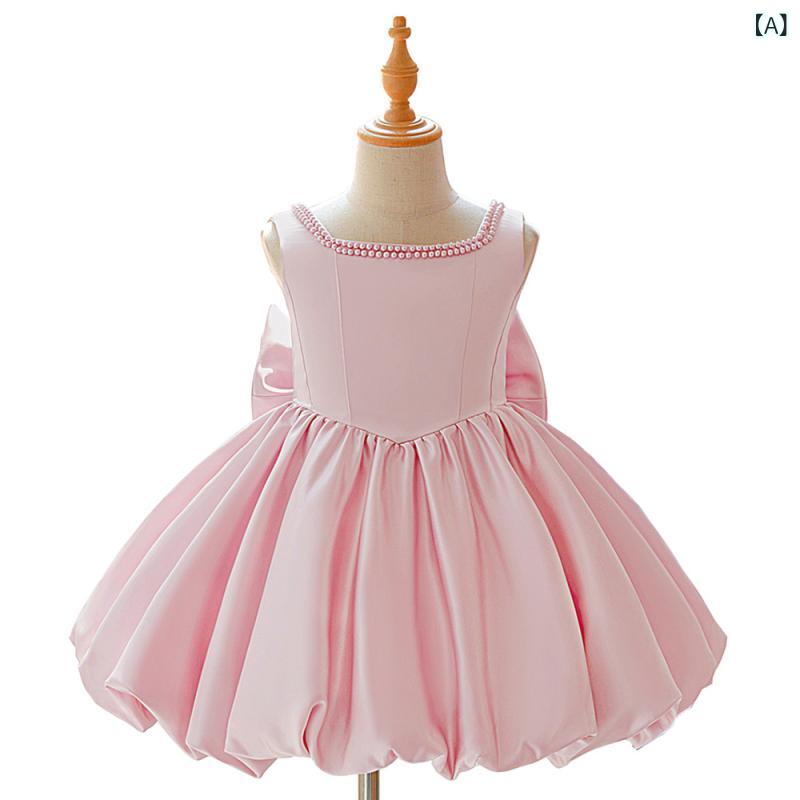 ドレス 女の子 かわいい プリンセス風 パーティー つぼみスカート 短め ビーズ パール 大リボン スクエアネック サテン生地 ポリエステル混紡 コットン裏地 オールシーズン ピンク グリーン パープル 4,758円