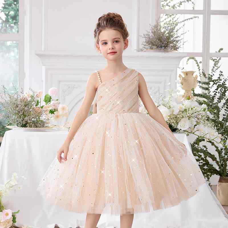プリンセスドレス 女の子 オフショルダー フラワガール チュールドレス プリーツ リボン ポリエステル コットン裏地 オールシーズン パーティー 発表会 誕生日 ピンク カーキ 淡紫
