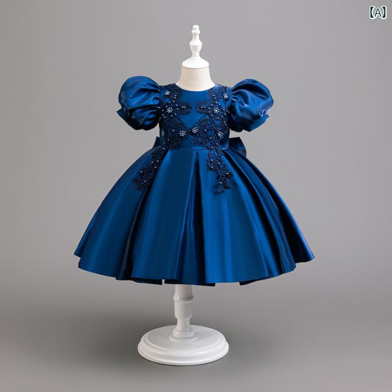 プリンセスドレス 女の子 チュチュスカート パフスリーブ フラワー柄 サテン生地 ポリエステル混紡 プリーツ加工 イブニングドレス パーティー 発表会 かわいい オールシーズン