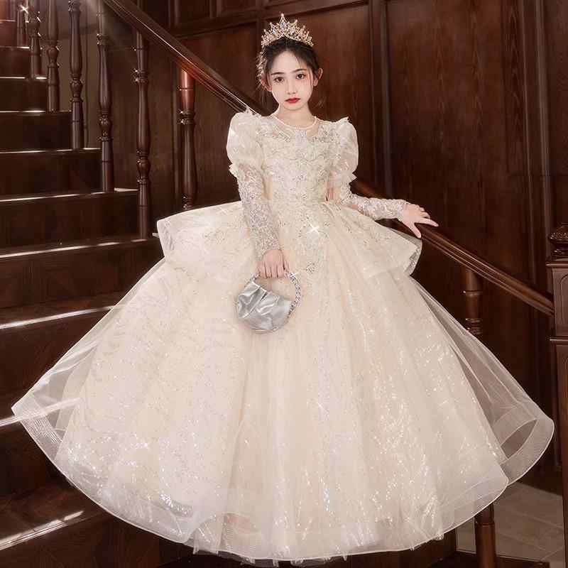 プリンセスドレス 女の子 シャンパン プリーツ コーティング 酵素洗 ポリエステル混紡 オールシーズン 誕生日パーティー 演出 司会 子供 高級感 かわいい フォーマル