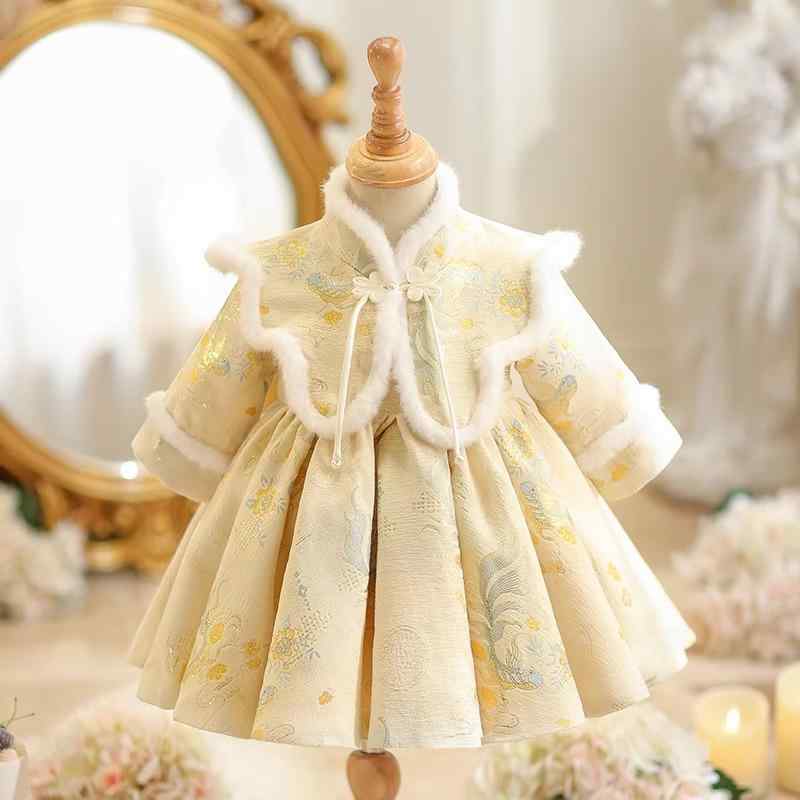 かわいい プリンセスドレス 女の子 ベビー 中華風 唐装 1歳誕生日 パーティー おしゃれ 裏起毛 オールシーズン ポリエステル混紡 金 プリーツ加工 酵素洗｜おうち健康生活