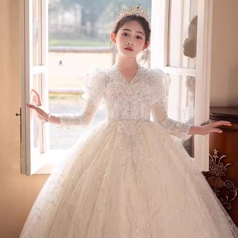 プリンセスドレス 女の子 フラワーガール 結婚式 白 プリーツ コーティング ポリエステル混紡 高級感 かわいい フォーマル パーティー 発表会 司会 ピアノ演奏