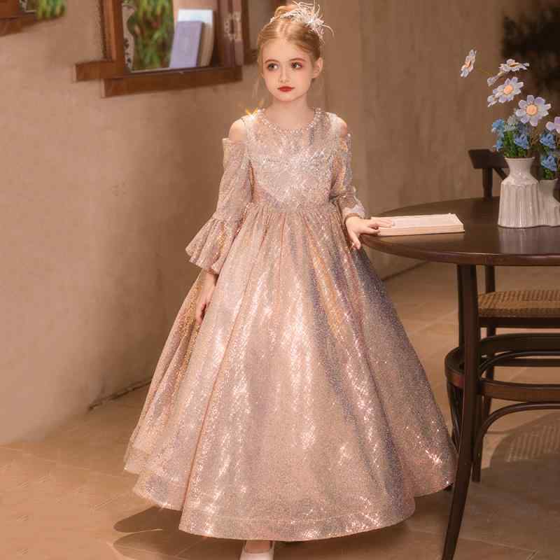 プリンセスドレス 女の子 キッズ かわいい 礼服 誕生日 パーティー フラワーガール 司会 ピアノ演奏 演出服 シャンパン ポリエステル 混紡 プリーツ コーティング オールシーズン