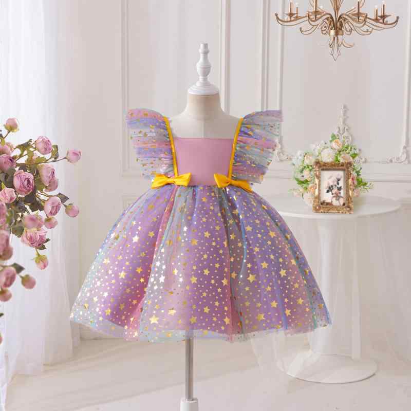 ドレス 女の子 プリンセス 妖精 翼 七色袖 星柄 チュール ふんわり 礼服 スカート セット ポリエステル混紡 綿 プリーツ かわいい パーティー