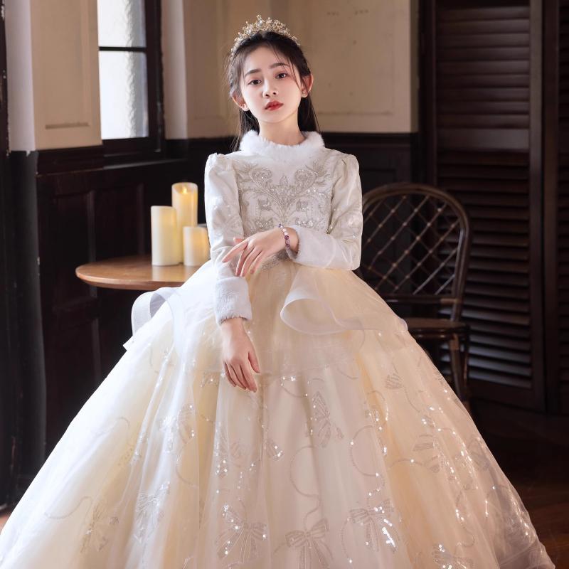 プリンセスドレス 女の子 キッズ 長袖 秋冬 厚手 裏起毛 シャンパン ポリエステル繊維混紡 かわいい おしゃれ ドレスアップ 誕生日パーティー ピアノ発表会 フォーマル