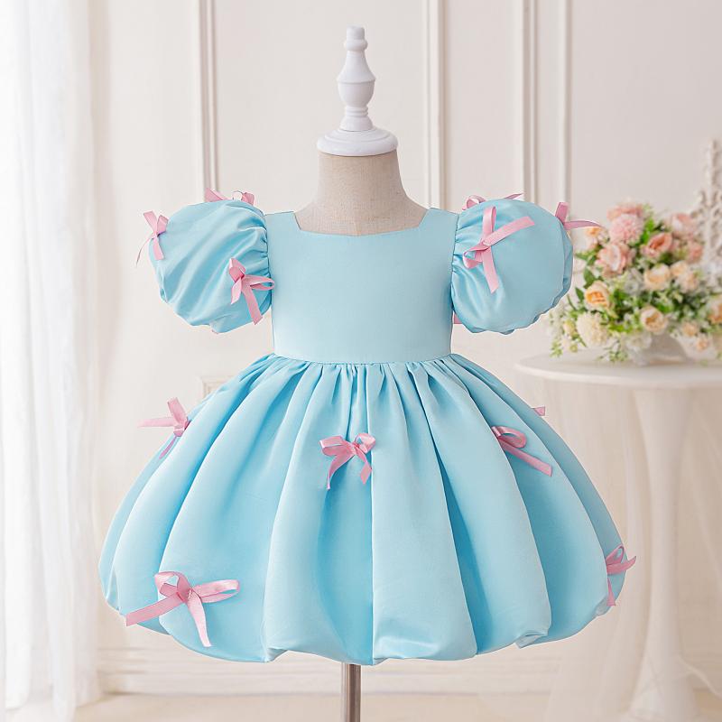 ドレス 女の子 プリンセス パフスリーブ 蝶結び ふんわりスカート ボリューム フレア 誕生日 パーティー 洗礼 ベビー キッズ かわいい ブルー コットン 混紡 ポリエステル 4,737円