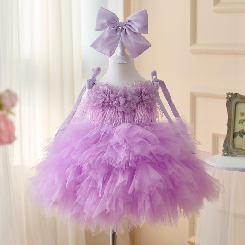 プリンセスドレス 女の子 チュール レース ワンピース かわいい 立体花 フリンジ ボリューム 紫 ポリエステル 混紡 オールシーズン パーティー 誕生日