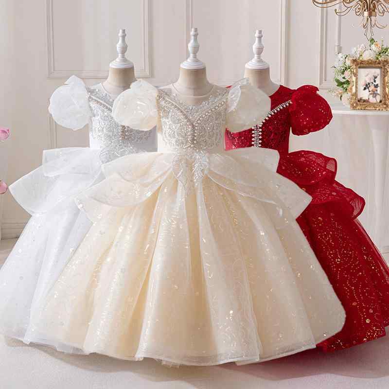 プリンセスドレス 女の子 誕生日パーティー 結婚式 フラワーガール ピアノ発表会 チュールドレス 甘め プリンセス風 フェアリー 北欧風 ポリエステル繊維 赤 白 シャンパン オールシーズン