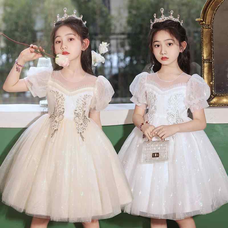 女の子 プリンセスドレス チュールスカート ボリュームシルエット ステージ衣装 発表会用 花嫁介添え フリル 花? かわいい ポリエステル 混紡 プリーツ 白 ピンク シャンパン オールシーズン
