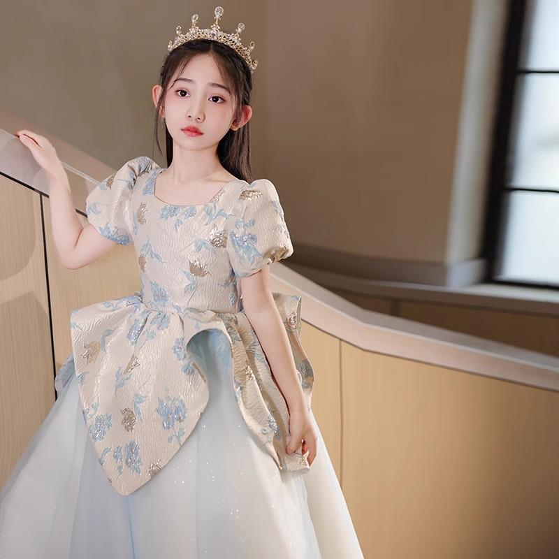 プリンセスドレス 女の子 パフスリーブ 青 春 ポリエステル 混紡 誕生日 パーティー 発表会 演奏会 子供 かわいい フォーマル スタイル