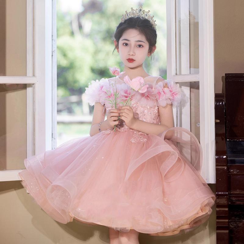 子供ワンピース 女の子 プリンセス ピンク系 かわいい 美しい 短め 高級感 プリーツ加工 酵素洗 ポリエステル混紡 司会 ピアノ演奏 ステージ演出 オールシーズン 韓国
