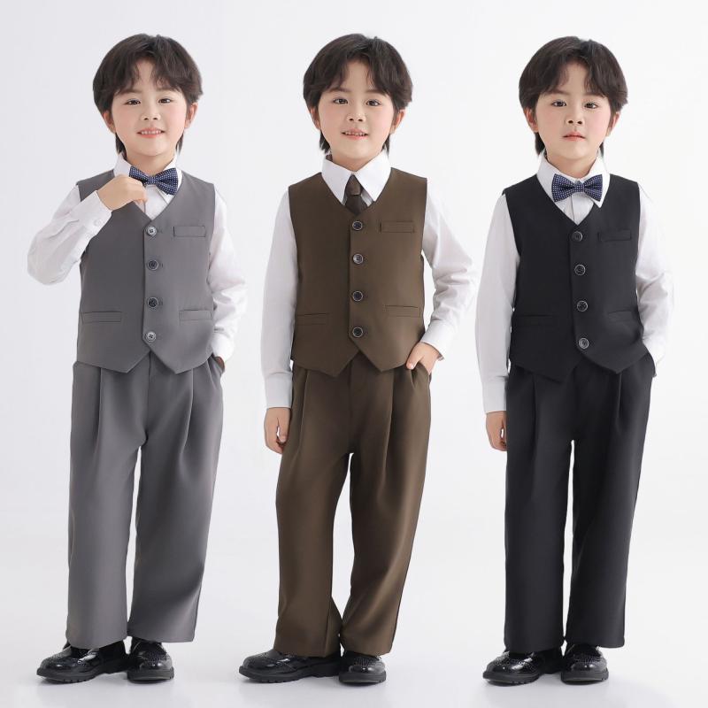 スーツ 男の子 礼服セット 春夏 ブリティッシュスタイル フォーマルウェア ポリエステル 黒 グレー 茶色 ベスト ロングパンツ ショートパンツ シャツ ネクタイ 領結 サスペンダー 誕生日 パーティー 結婚式 イベント 演出