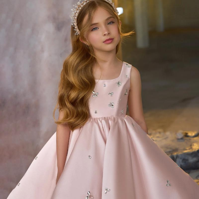 ドレス 女の子 プリンセスドレス ピンク サテン ショート丈 チュールスカート フレアスカート かわいい パーティー 誕生日 子供用 ポリエステル ふんわり ガーリー 普段使い オールシーズン