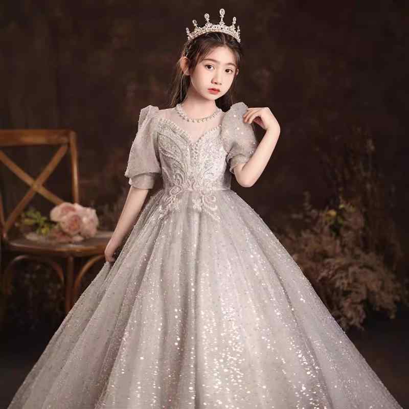 プリンセスドレス 女の子 グレー パフスリーブ ピアノ演奏 礼服 誕生日 パーティー 花童 司会者 衣装 春 ポリエステル混紡 かわいい 子供服 フォーマル ワンピース