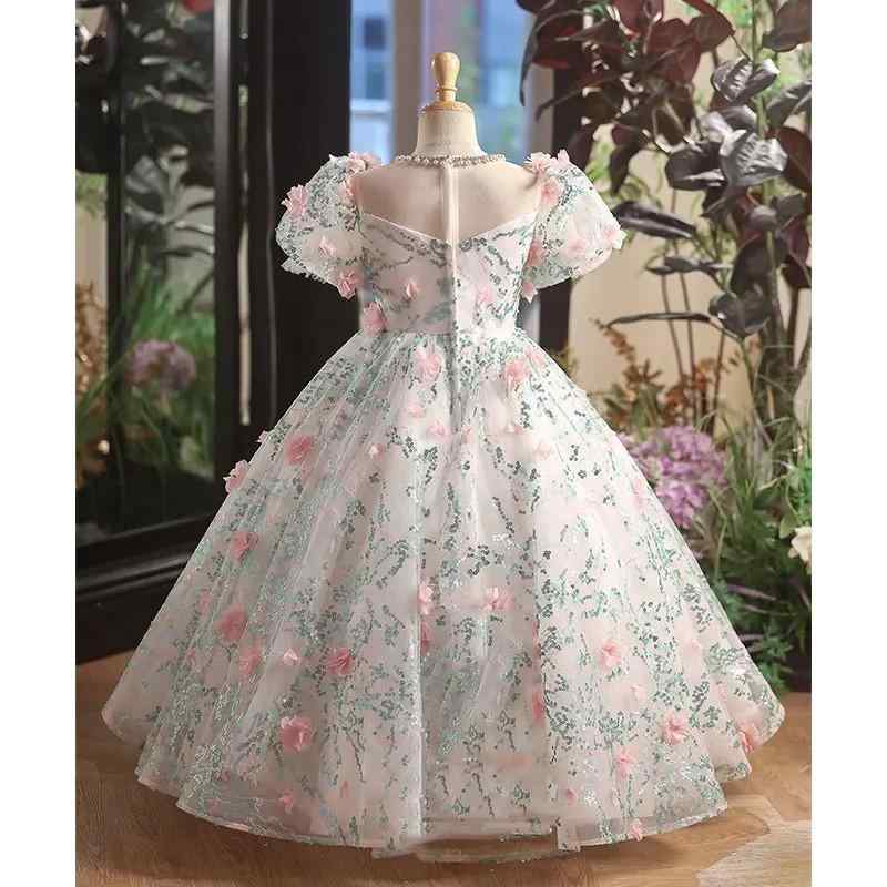フラワーガールドレス 女の子 プリンセス 花柄 誕生日 結婚式 パーティー ピアノ演奏服 司会者服 発表会 かわいい 礼服 ポリエステル混紡 オールシーズン プリーツ 酵素洗い 韓国スタイル