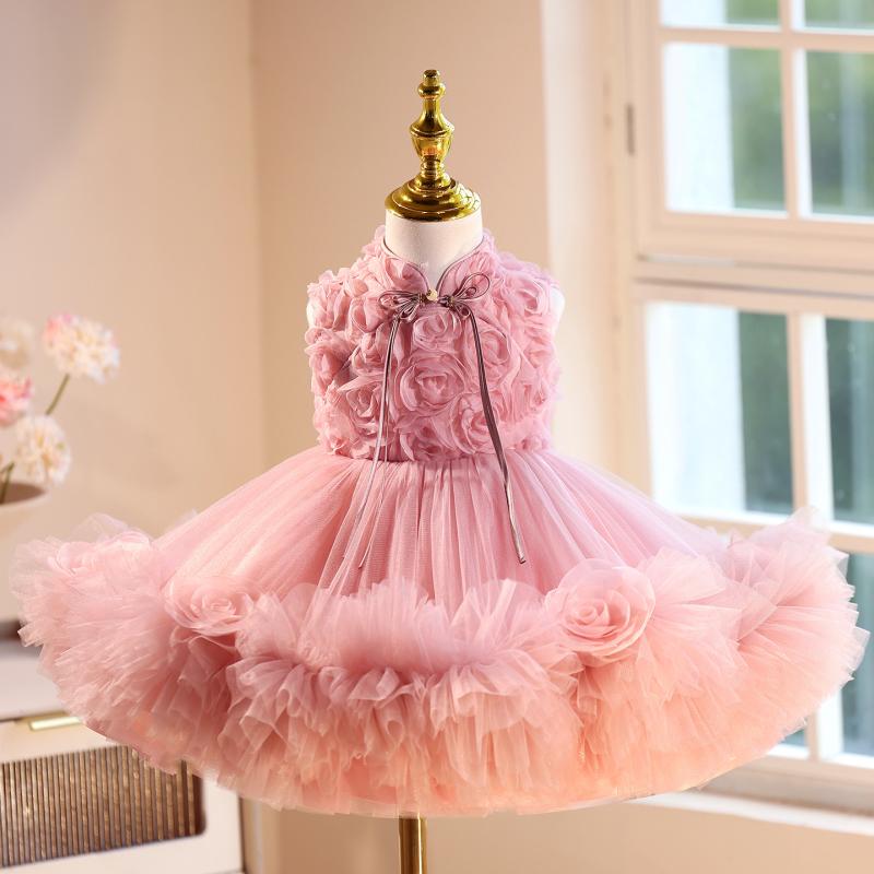 プリンセスドレス 女の子 フラワーガール 結婚式 誕生日パーティー 1歳祝い 司会 ピアノ演奏 ステージ演出 かわいい 豆沙ピンク ポリエステル オールシーズン 子供礼服