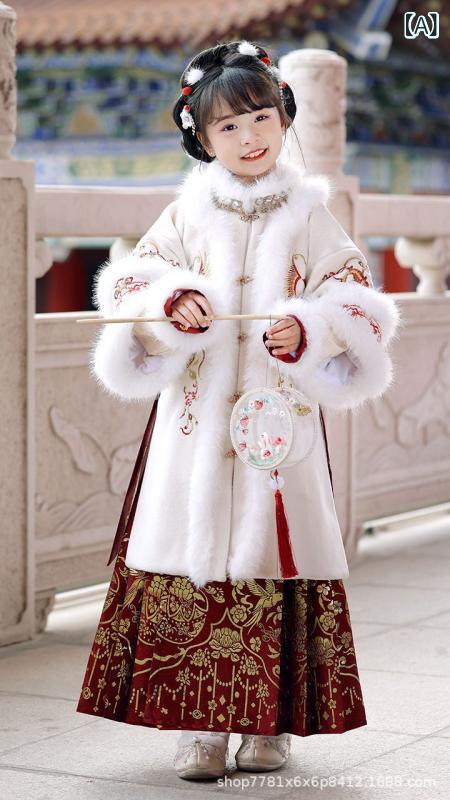 漢服 女の子 唐装 国風 明制 馬面スカート 新年 厚手 冬用 暖か セット ポリエステル繊維 ストレート袖 白 赤 かわいい 伝統衣装