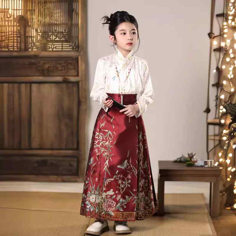 馬面スカート 女の子 漢服 中国風 古装 宋風 トップス セット 赤 花柄 ポリエステル オールシーズン 古筝 演奏会 イベント 衣装 高級感 かわいい 子供服 おしゃれ 伝統 スタイル