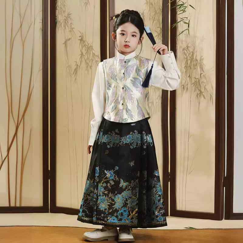 漢服 女の子 子供 古風 明朝スタイル 国学服 馬面スカート 上着 ベスト セット 黒 白 幼稚園 詩歌朗読 普段使い 伝統衣装 かわいい おしゃれ カジュアル 女の子向け パフォーマンス