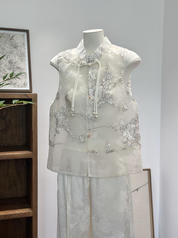 ベスト レディース 中国風 重工刺繍 オーガンジー ポリエステル 白 花柄 立襟 盤扣 フリンジ ミドル丈 スリム レトロ 春夏 エレガント かわいい おしゃれ 上品