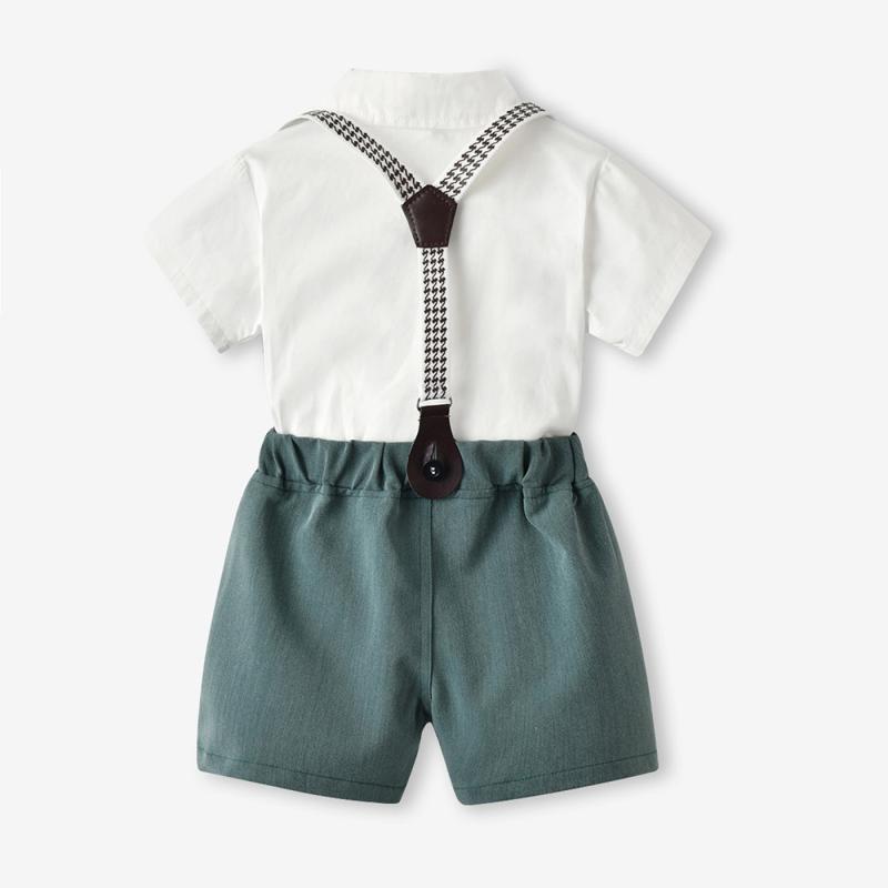 子供服 男の子 ベビー キッズ 春夏 セット 半袖 シャツ サスペンダー ショートパンツ コットン 薄手 無地 かわいい 英国風 トレンド 蝶結 リボン 普段使い 軽量 グレー イエロー ライトグリーン
