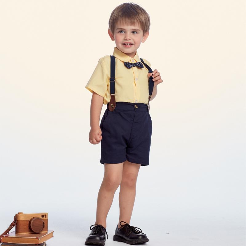 キッズ 男の子 ベビー 半袖 コットン トップス シャツ 背広 サロペット ショーツ セット かわいい 英?風 欧米スタイル トレンド ファッション 柔らかい 素材 春夏秋 黄 ライトブルー