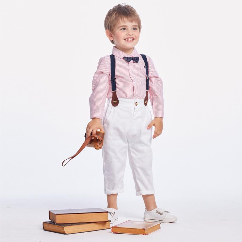 シャツ 男の子 長袖 サスペンダーパンツ セット ピンク ストライプ柄 コットン イギリス風 韓国 春秋冬 かわいい リボン 子供服 フォーマル 普段使い トレンド トップス インナー