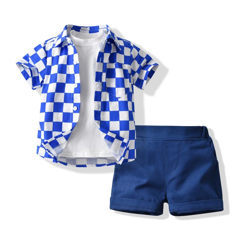 子供服 男の子 春夏 チェック柄 半袖 Tシャツ シャツ ショートパンツ コットン セット 緑 黒 紺 カジュアル イギリス風 トレンド おしゃれ 普段使い