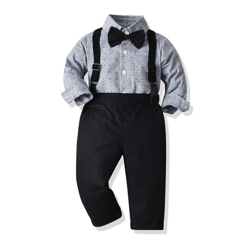 男の子 セット 長袖 シャツ サスペンダー パンツ 紳士風 礼服 春 綿 蝶結び ブリティッシュ スタイル グレー ピンク ベージュ 誕生日 パーティー フォーマル キッズ ジュニア