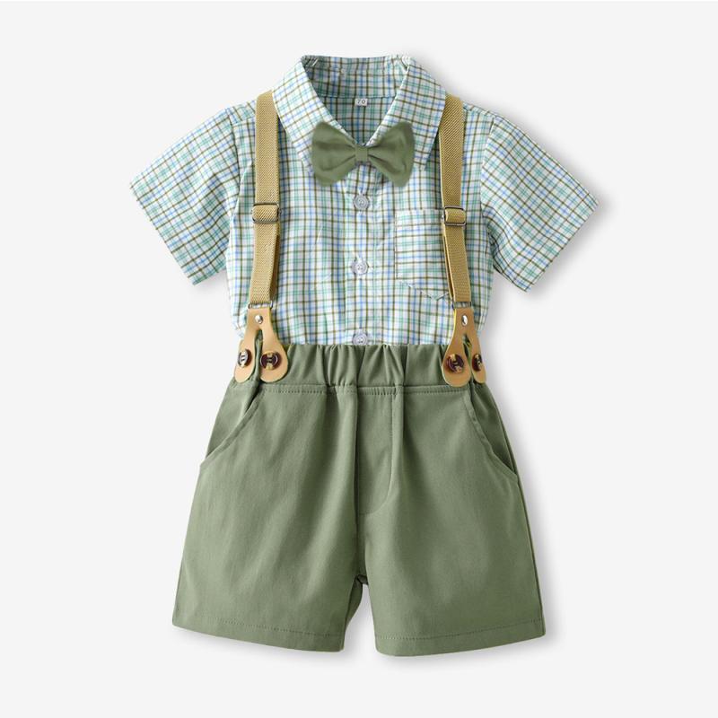 半袖 シャツ ショートパンツ セット 男の子 夏 チェック柄 襟 かわいい 爽やか 子供服 韓国 カントリー 英倫風 トレンド カジュアル 綿 素材 ライトグリーン オレンジ アイボリー