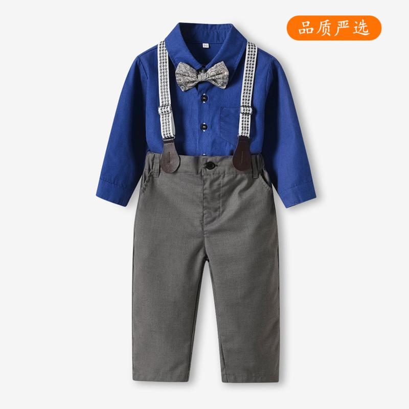 礼服 男の子 韓国 長袖 シャツ サスペンダーパンツ セット コットン ネイビー 蝶結び 英倫風 トレンド クラシック 春秋 フォーマル パーティー