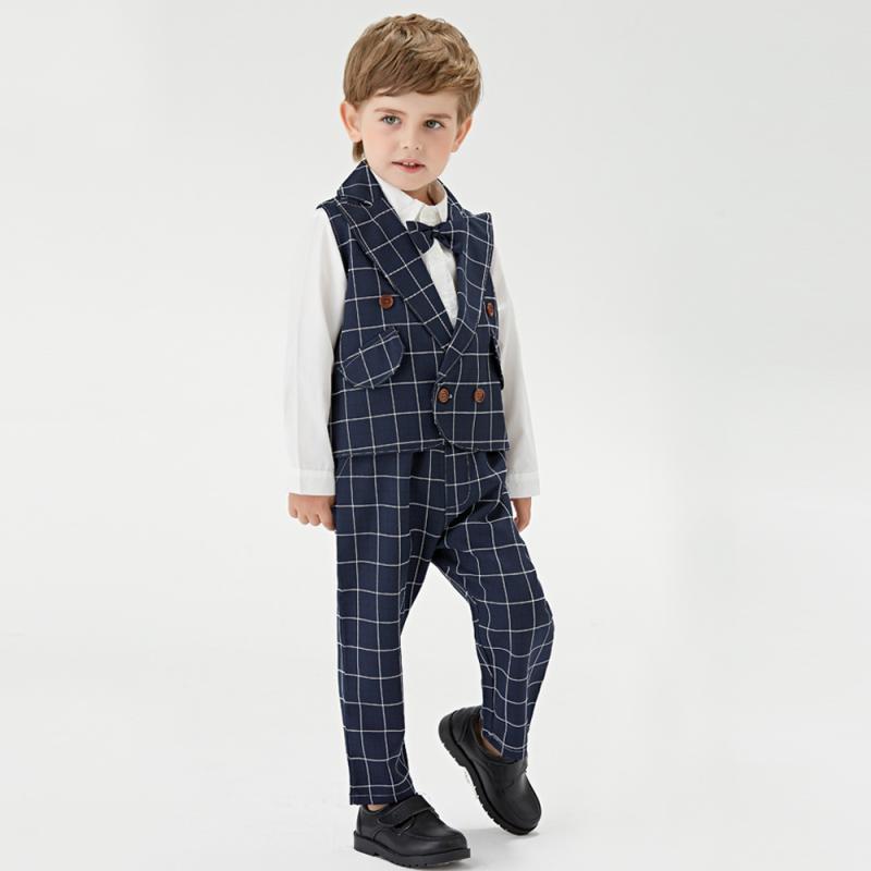 キッズセット 男の子 3-8歳 かわいい 韓国 チェック柄 長袖トップス ベスト 長ズボン 柔らかい コットン素材 普通厚 ライトブルー ネイビー 春夏秋 普段使い