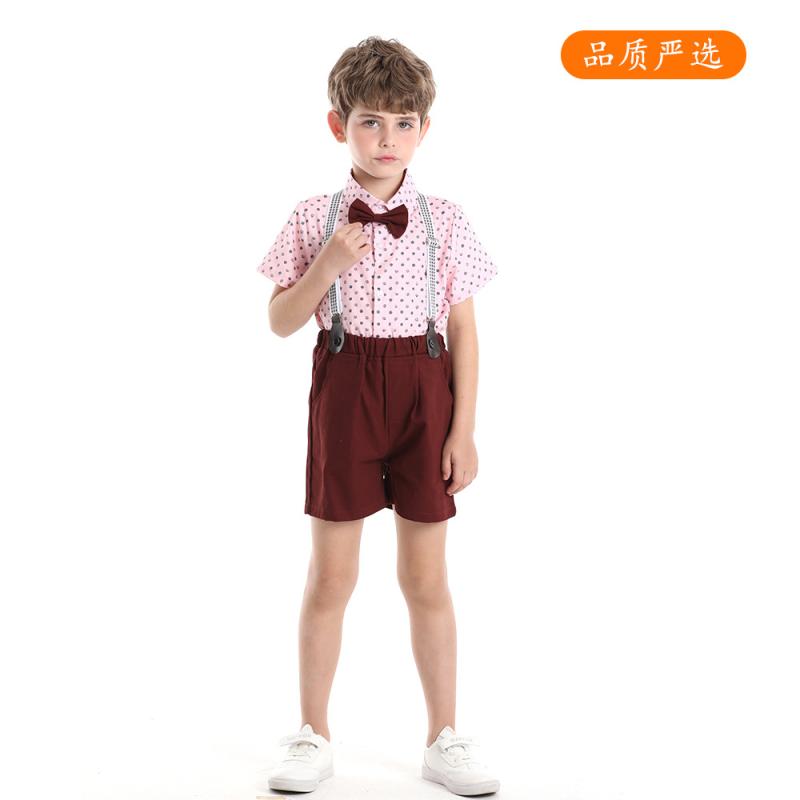 キッズ 男の子 半袖シャツ サスペンダーパンツ 夏 セット ピンク グレー コットン プリント 花柄 ドット柄 かわいい 蝶結び カントリー 韓国 カジュアル 普段使い おしゃれ
