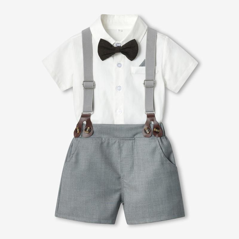 礼服セット 男の子 半袖 白 シャツ サスペンダー ショートパンツ 韓国スタイル 春夏 綿 無地 開襟 シングルボタン かわいい 蝶結び 英倫風 誕生日 パーティーウェア