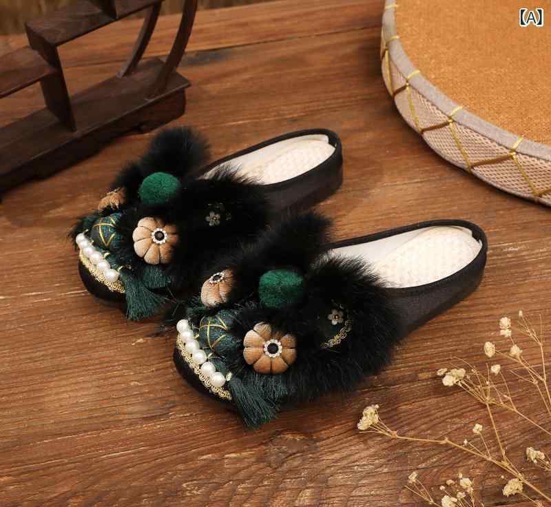 スリッパ 春夏 民族風 虎頭 刺繍 平底 コットン 通気性 フリンジ 動物柄 墨緑 普段使い 快適|おうち健康生活