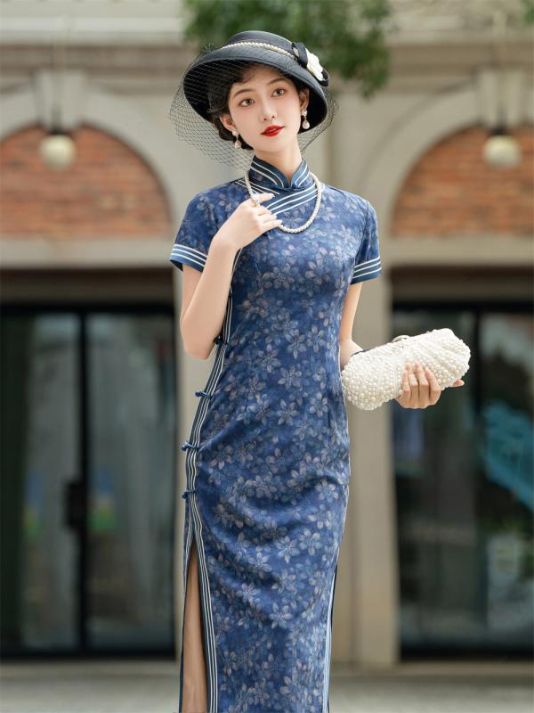 瀬戸ものお召しもの レディース ロング丈 夏 普段使い走り 御前上等感 今めかしい 立領 曲がった襟 三分袖 低細長い切口 立体お定まり ポリエステル 繻子 微弾力性 軽熟表現スタイル 窈窕たる レディースファッション-ドレス
