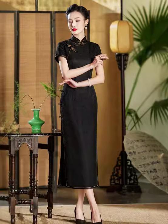 チャイナドレス レディース 黒 ロング丈 真絲 ワンピース ファッション モダン 通勤 スタイル 3/4袖 低スリット スタンドカラー 斜め襟 立体パターン 高級感