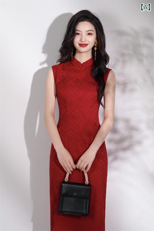 チャイナドレス レディース 春夏 ノースリーブ ロング丈 アセテート 織り柄 花嫁敬酒服 ウェディングドレス 赤 黒 オフホワイト スタンドカラー スラントカラー 低スリット スパンコール プリント 微弾 中国風 レトロ ストレッチ 結婚式 パーティー 普段使い