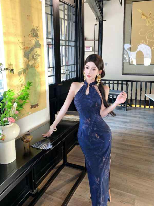 チャイナドレス レディース 紫 提花 ハングネック ノースリーブ ロング ロースリット 中国風 夏 ストレッチ 網紗 ポリエステル スリムフィット レトロ 5,062円