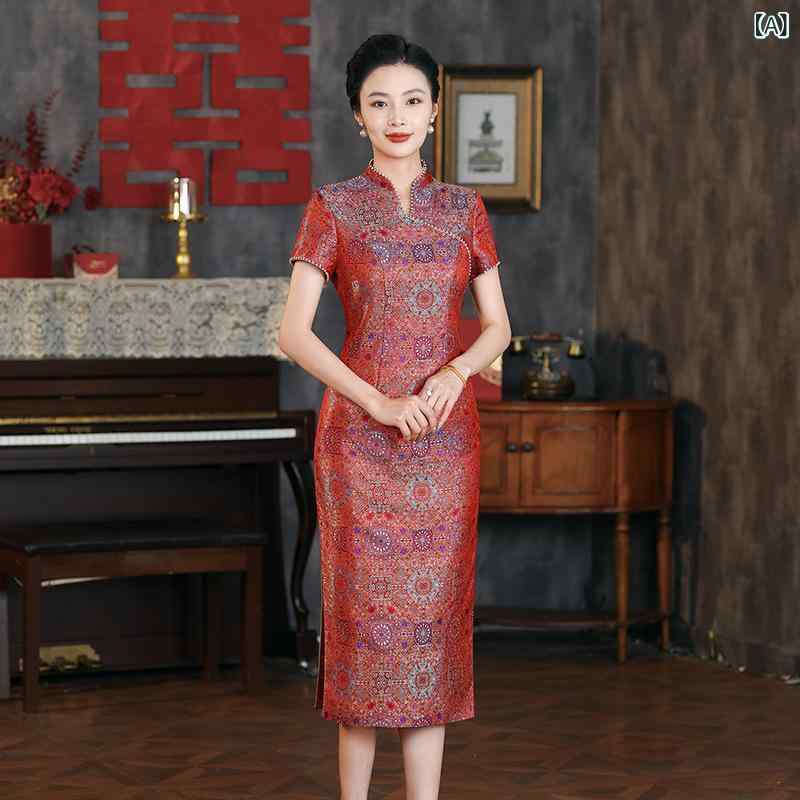チャイナドレス レディース 型 中丈 立襟 三分袖 低開・楷 中国風 レトロ 秋 普段使い 結婚式 パーティー 宋錦 ナイロン 女性用 かわいい スタイル
