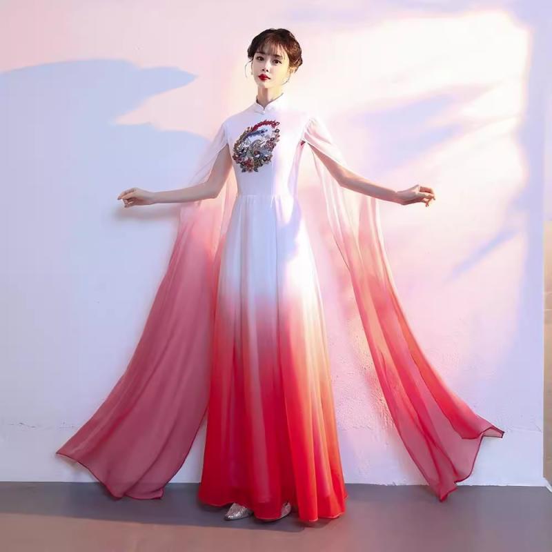 チャイナドレス レディース レトロ風 ステージ衣装 司会者用 琵琶 古筝 演奏 合唱 礼服 立領 七分袖 ロング丈 ポリエステル アセテート 微弾性 夏 赤 青