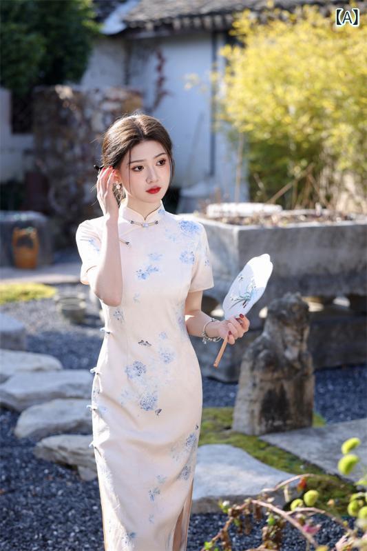 チャイナドレス レディース 春夏 中長丈 半袖 ブルー 花柄 プリント 二重 ポリエステル 伸縮性 低スリット 立領 レトロ スパンコール