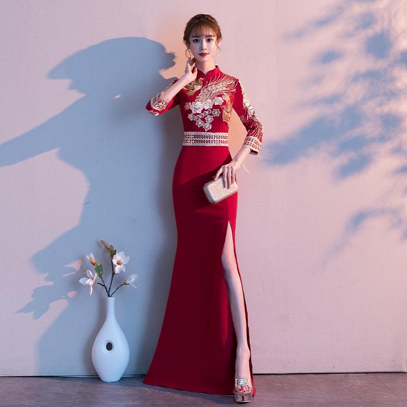 チャイナドレス レディース ウェディング マーメイド ワインレッド ロング丈 高スリット 円襟 新婦 結婚式 敬酒ドレス 出嫁礼服 プリンセススタイル 春 女性 大人 エレガント フォーマル ドレス スカート ロング 赤系 華やか スリット 伝